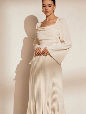 SHEIN Privé Clean-Colored Vintage High-End Commute Pleated Long Sleeve Dress M